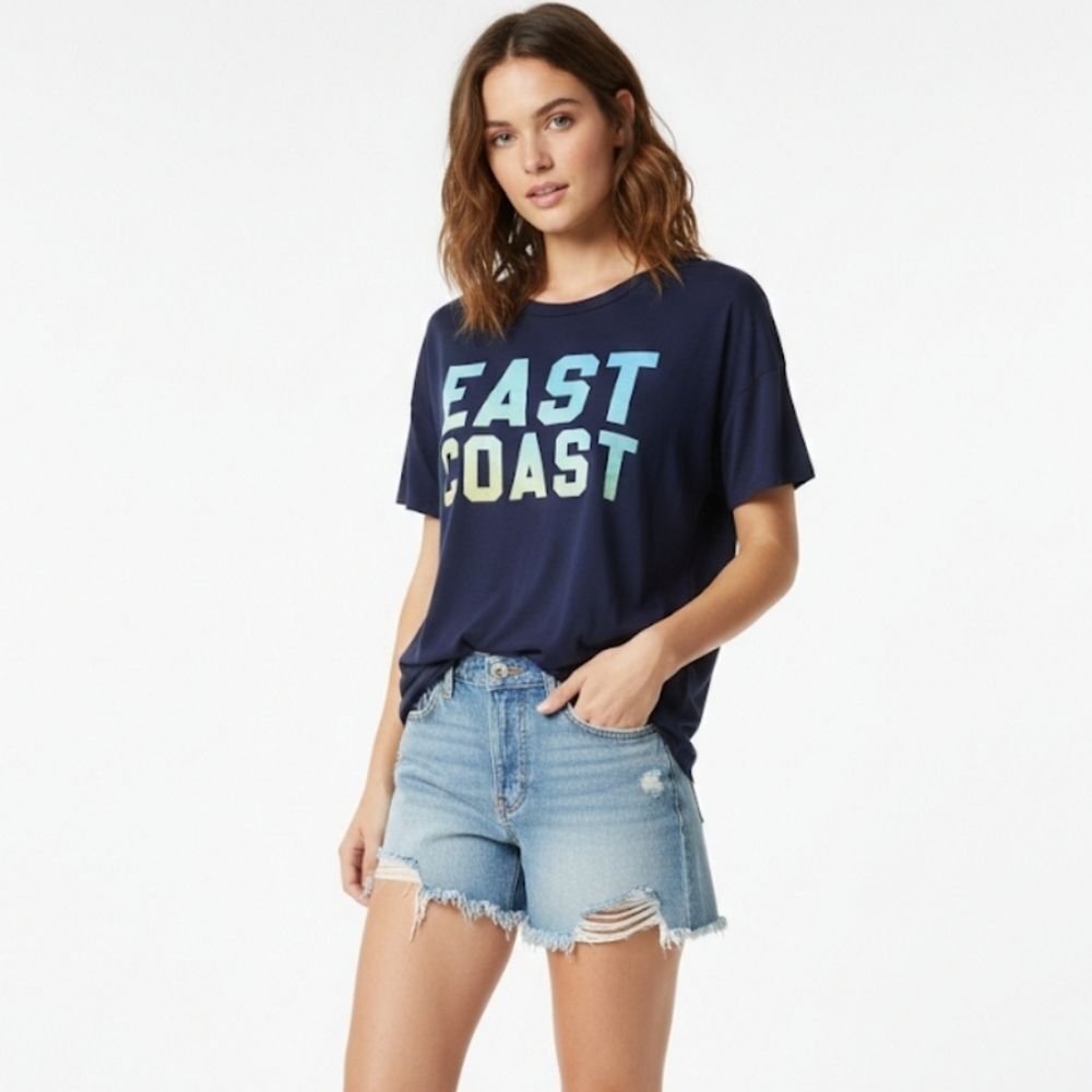 Rebel Society East Coast T-Shirt Navy Blue with Blue/Green Gradient Text Size M